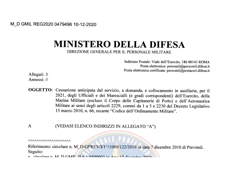 Prot. 47949 del 10 Dicembre 2020 Cessazione anticipata dal servizio a domanda e collocamento in ausiliaria