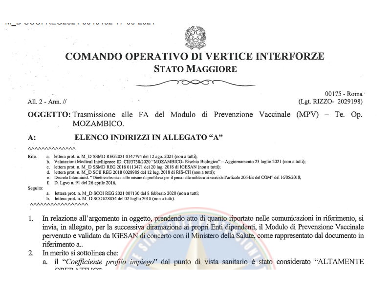 Prot. 49192 del 17 Settembre 2021 Trasmissione alle FF.AA. del Modulo di Prevenzione Vaccinale Teatro operativo Mozambico