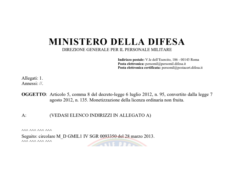 Prot. 499444 del 23 Dicembre 2020 Articolo 5, comma 8 del decreto-legge 6 luglio 2012, n. 95, convertito dalla legge 7  agosto 2012, n. 135. Monetizzazione della licenza ordinaria non fruita