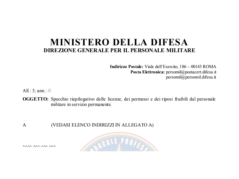 Prot. 855250 del 03 Dicembre 2015 Specchio riepilogativo delle licenze, dei permessi e dei riposi fruibili dal personale militare in servizio permanente Stato maggiore della Difesa