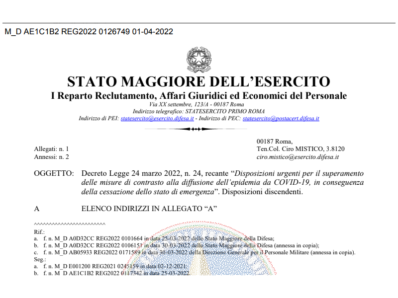 Prot.126749 del 01 Aprile 2022 DECRETO LEGGE 24 MARZO 2022, RECANTE "DISPOSIZIONIURGENTI PER IL SUPERAMENTO DELLE MISURE DI CONTRASTO ALLA DIFFUSIONE DELL