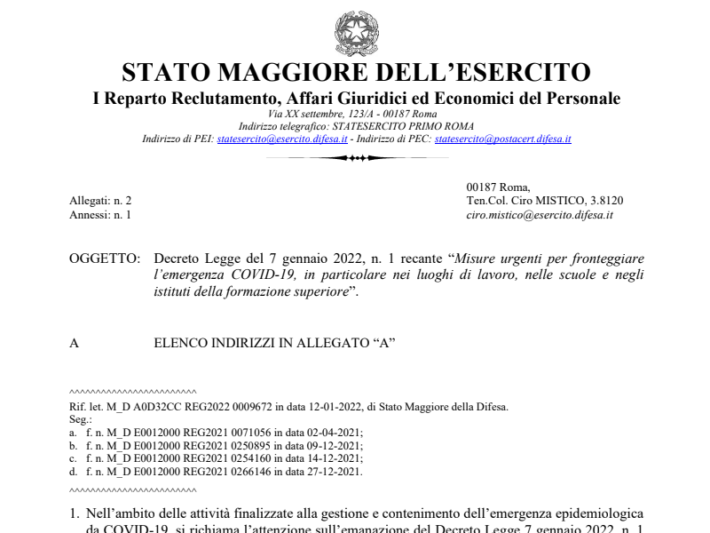 Direttiva Stato Maggiore Esercito Prot. 20406 del 18 gennaio 2022 Decreto Legge 7 gennaio 2022