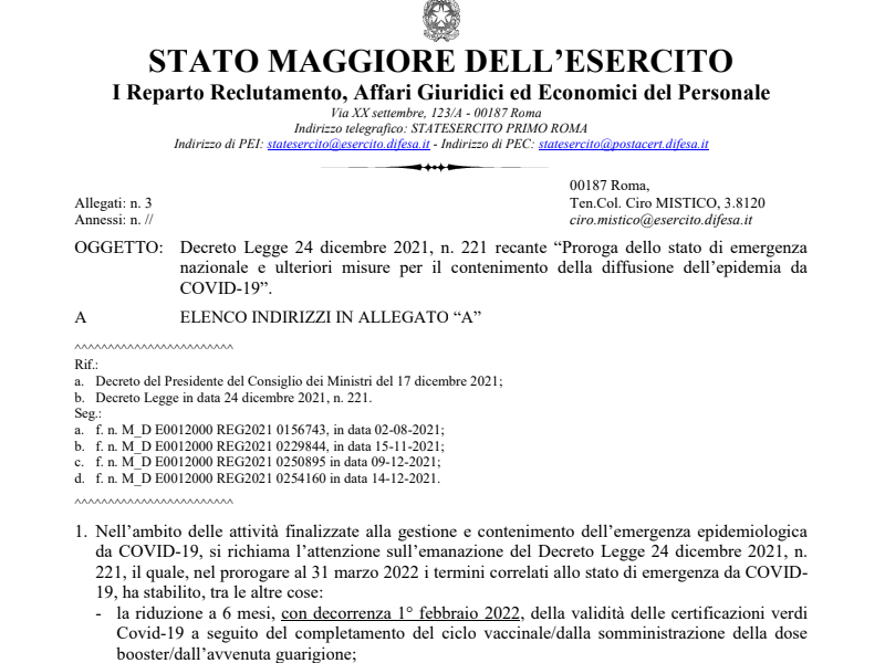 Direttiva Stato Maggiore Esercito Prot. 266146 del 27 dicembre 2021 Nuove misure di contenimento