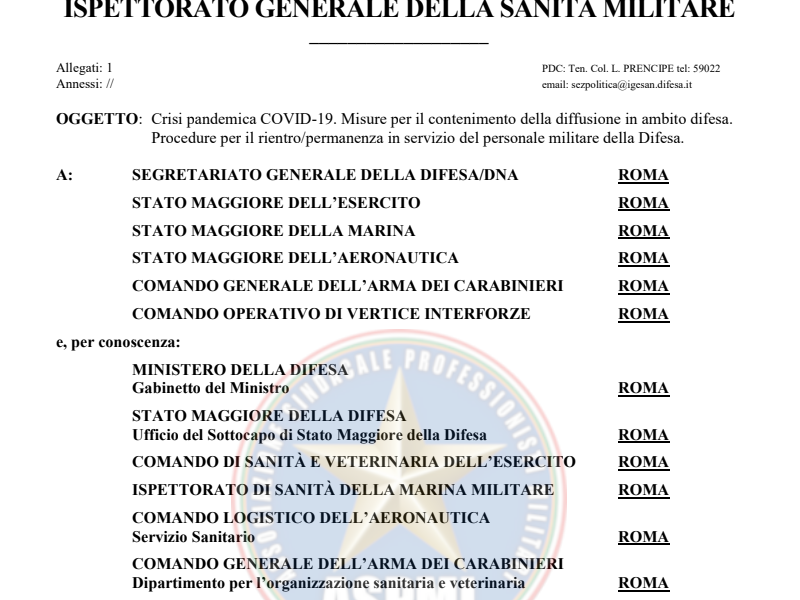 Ispettorato Generale della Sanità Militare Prot. 40176 del 03 febbraio 2022 Procedure per il rientro in sede di chi ha contratto il Covid