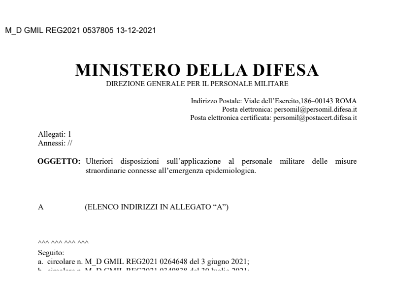 Prot. 537805del 13 Dicembre 2021 Ulteriori disposizioni sull’applicazione al personale militare delle misure straordinarie connesse all’emergenza epidemiologica.