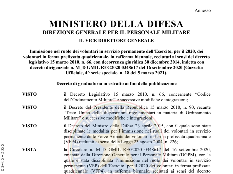 Prot.7338 del 03 marzo 2022 Immissione in SPE dei VFP4 con decorrenza giuridica 30.12.2014