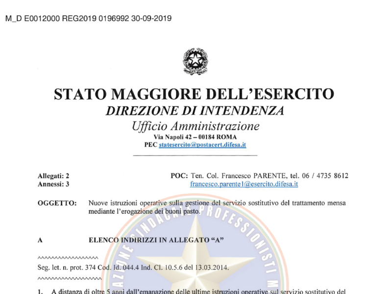 Prot 196992 del 30 settembre 2019 Nuove istruzioni operative sulla gestione del servizio sostitutivo del trattamento mensa mediante l