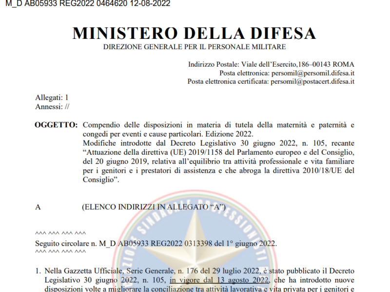 Prot 464620 del 12 Agosto 2022 Compendio delle disposizioni in materia di tutela della maternità e paternità e congedi per eventi e cause particolari. Edizione 2022