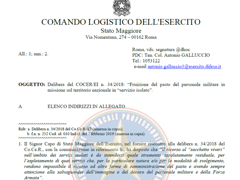 Prot 47326 del 03 maggio 2021 Fruizione del pasto del personale militare in missione sul territorio nazionale. Sacchetti viveri