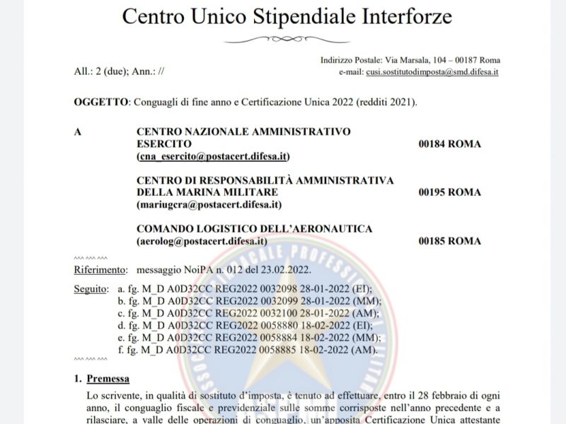 Prot 76003 del 03 marzo 2022 Conguagli di fine anno e Certificazione Unica 2022 (redditi 2021).