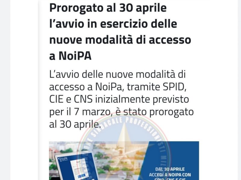 Noipa, proroga accesso al 30 aprile 2022