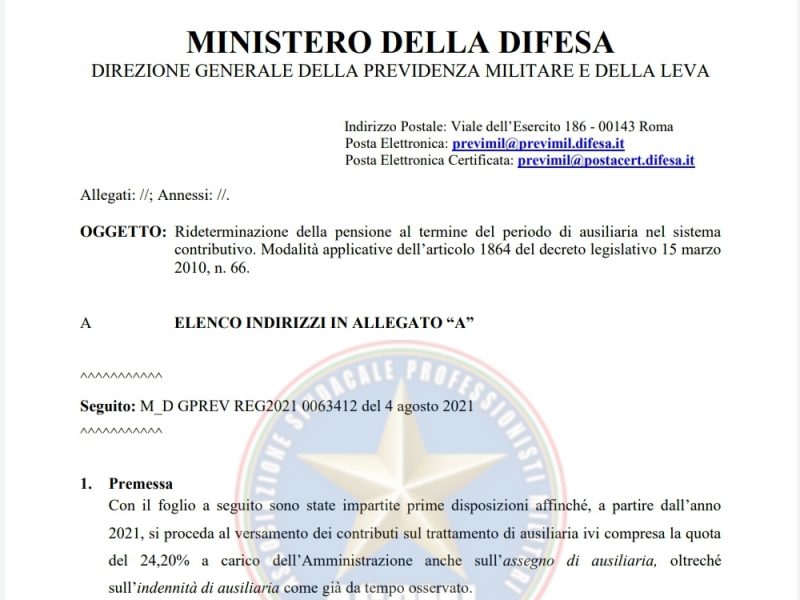 Prot. 36294 del 14 Aprile 2022 Rideterminazione della pensione al termine del periodo di ausiliaria nel sistema  contributivo. Modalità applicative dell’articolo 1864 del decreto legislativo 15 marzo  2010, n. 66