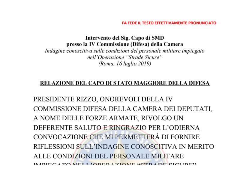 Strade Sicure Intervento Capo di Stato Maggiore della Difesa