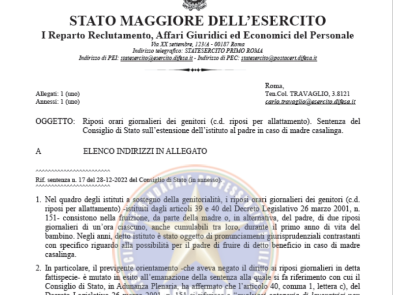 Prot. 64899 27 Marzo 2023 Riposi orari giornalieri dei genitori (c.d. riposi per allattamento). Sentenza del