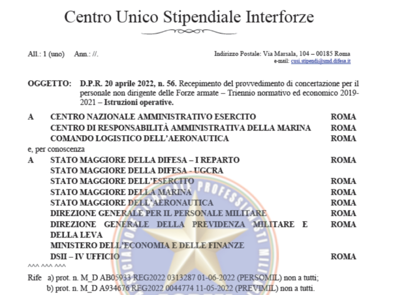 D.P.R. 20 aprile 2022, n. 56. Recepimento del provvedimento di concertazione per il personale non dirigente delle Forze armate – Triennio normativo ed economico 2019- 2021 Istruzioni operative.