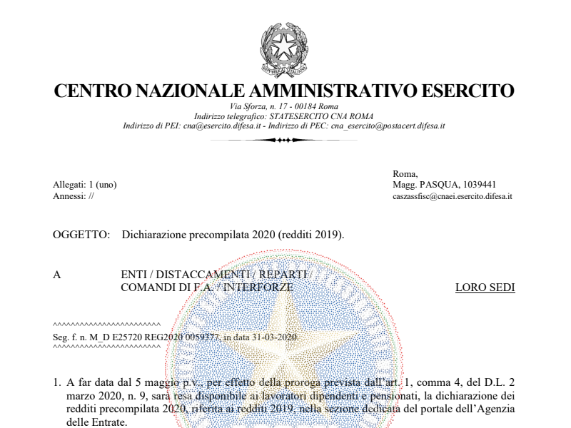 Prot. 73908 del 30 Aprile 2020 Dichiarazione precompilata 2020 (redditi 2019)