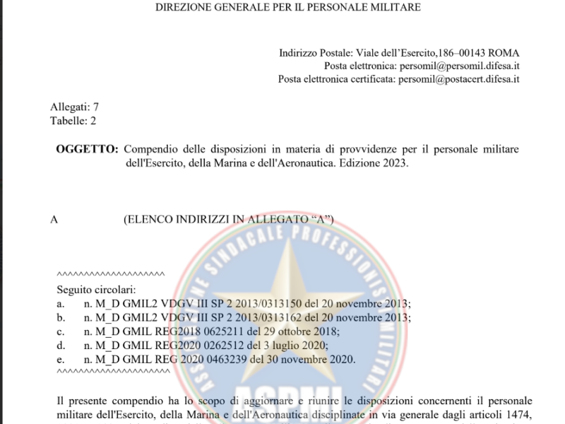 Compendio delle disposizioni in materia di provvidenze per il personale militare dell