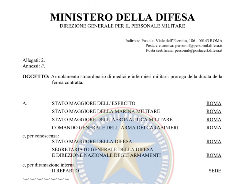 24 Giugno 2022 Arruolamento straordinario di medici e infermieri militari: proroga della durata della ferma contratta