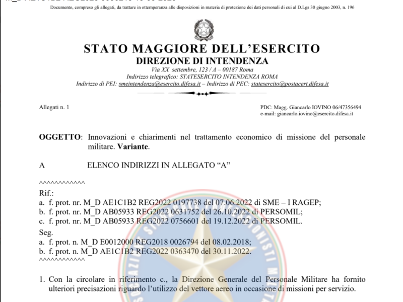 Prot 56213 15 marzo 23 Innovazioni e chiarimenti nel trattamento economico di missione del personale  militare. Variante.